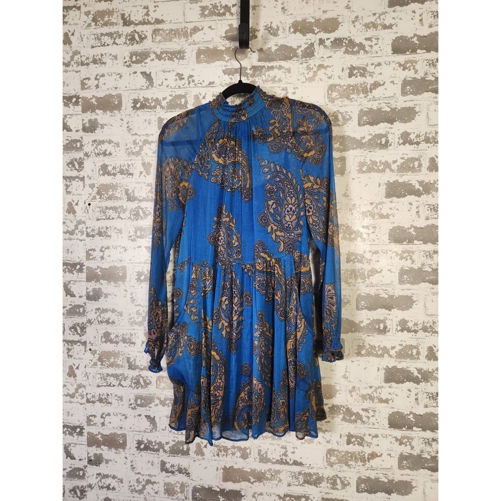 Free People Sheer Blue Mini Dress Small Paisley Smocked Neck Lined Boho Retro